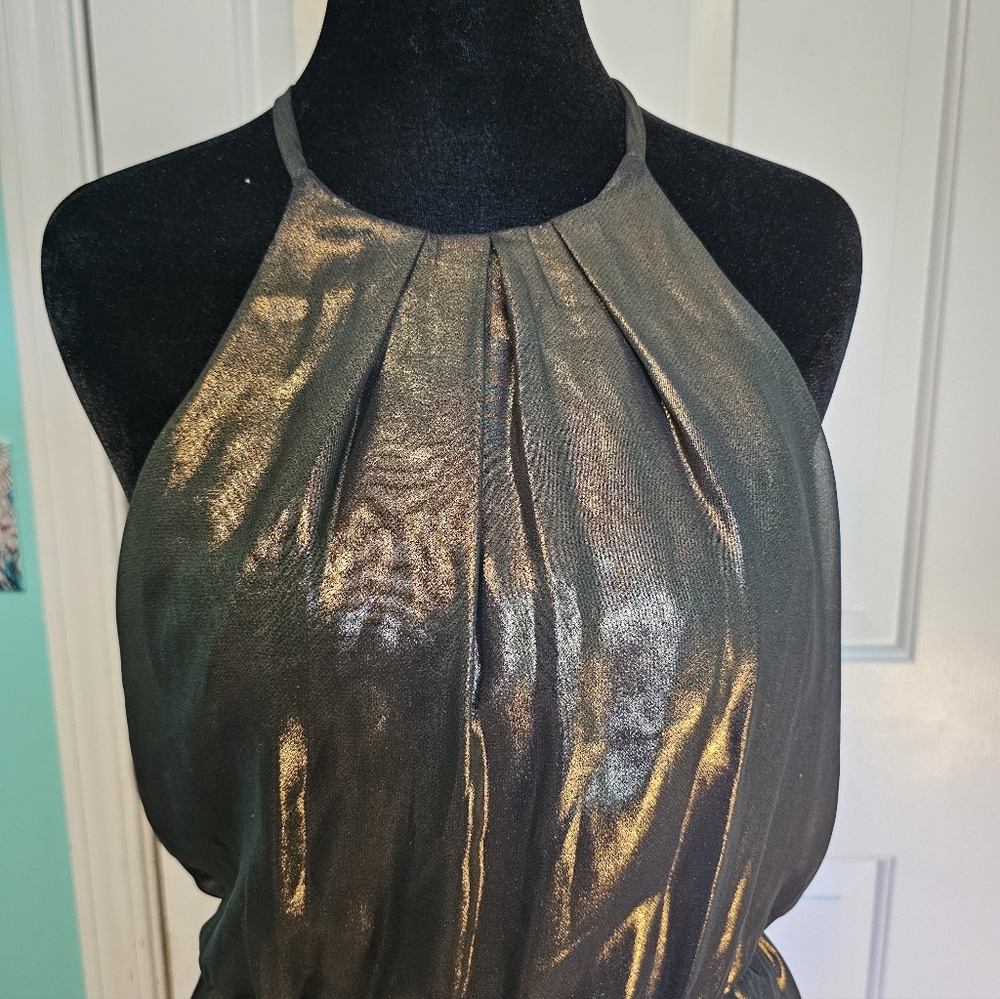 Lush Shimmering Gold Metallic Halter Formal Party Dress Women's Sz S